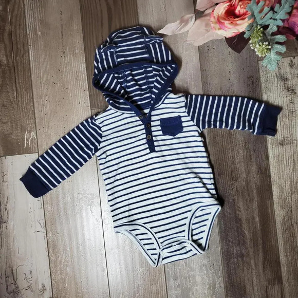 Carter's Blue and White Striped Animal Ear Hooded Onesie Size 9M NWOT - Picture 2 of 10